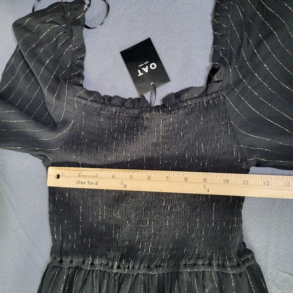 OAT New York Women's Dress Black Gold Metallic Pinstripe Midi Smocked NWT - Picture 6 of 8